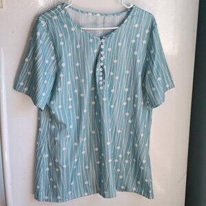 Womens Blue/Green Plus Size XXL Tunic‎ Style Top Button Accent Short Sleeve